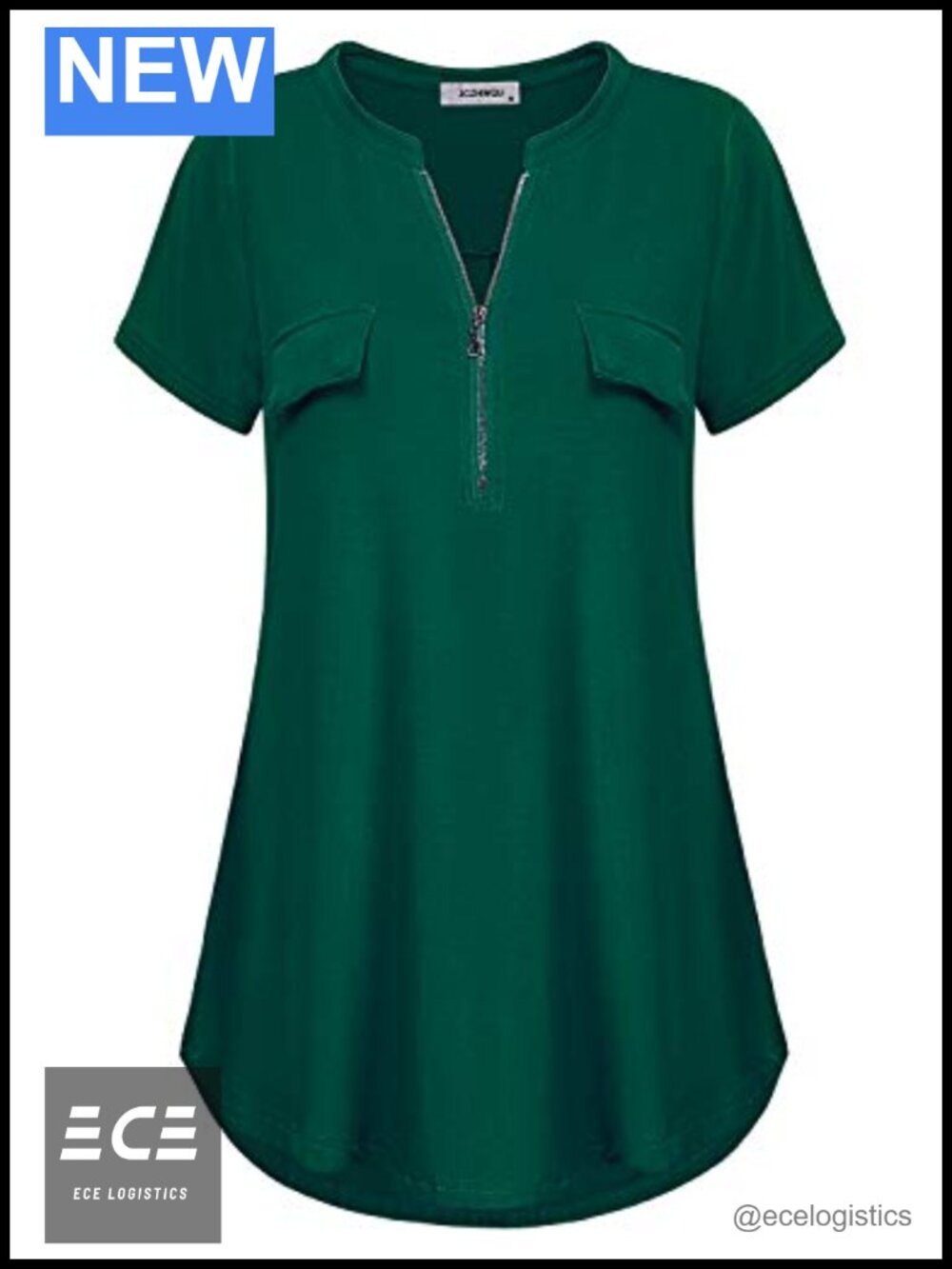 Zip Up V Neck Short Sleeve Tunic Shirt Casual Woven Blouse